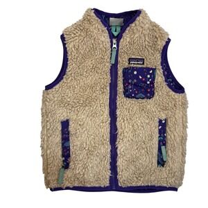 Patagonia Retro-X Sherpa Fleece Vest Cream Purple Floral Lined Kids Sz 5T